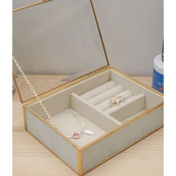 V-HANVER Modern  Clear Glass Jewelry Box with Velvet Tray / Excellent - Picture 1 of 10